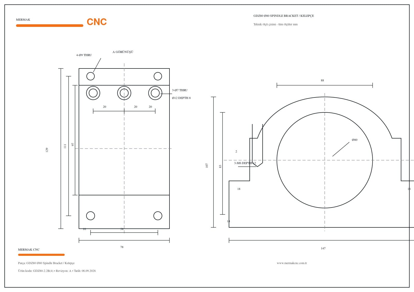 GDZ80 Ø80 spindle bracket teknik ölçü çizimi - MERMAK CNC